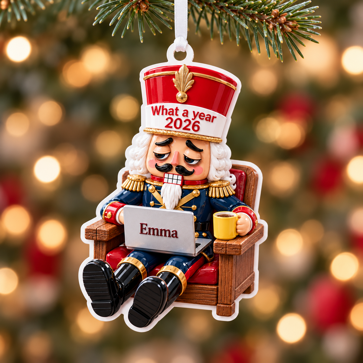 Tired Nutcracker Working from Home in Armchair Acrylic Christmas Tree Hanging Decor - 3D Relief Ornament