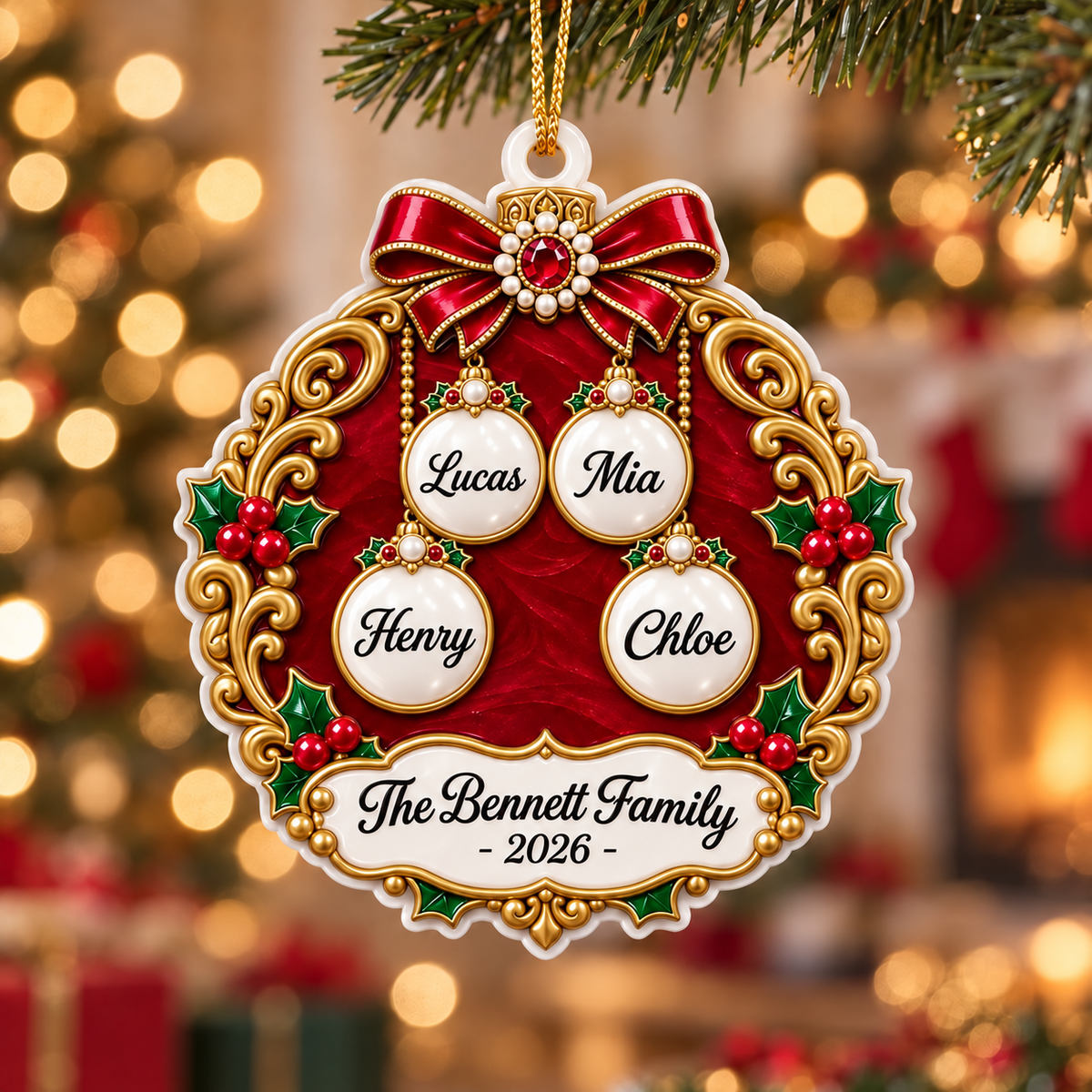 Christmas Family Bauble Medallion in Red and Gold Filigree Scrollwork - 3D Relief Ornament