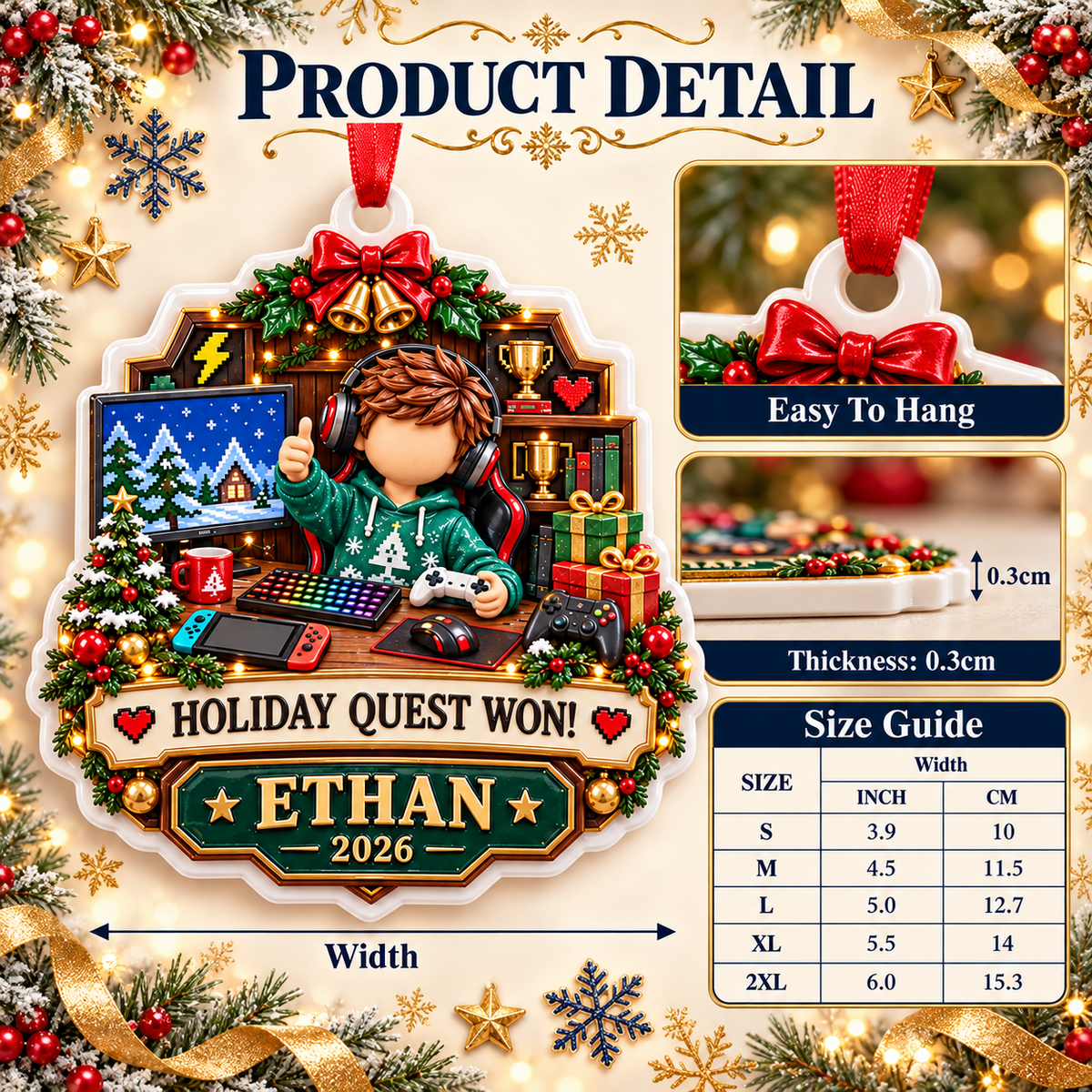 Video Gamer Holiday Quest Boy at Computer Desk Tree Decoration - 3D Relief Ornament