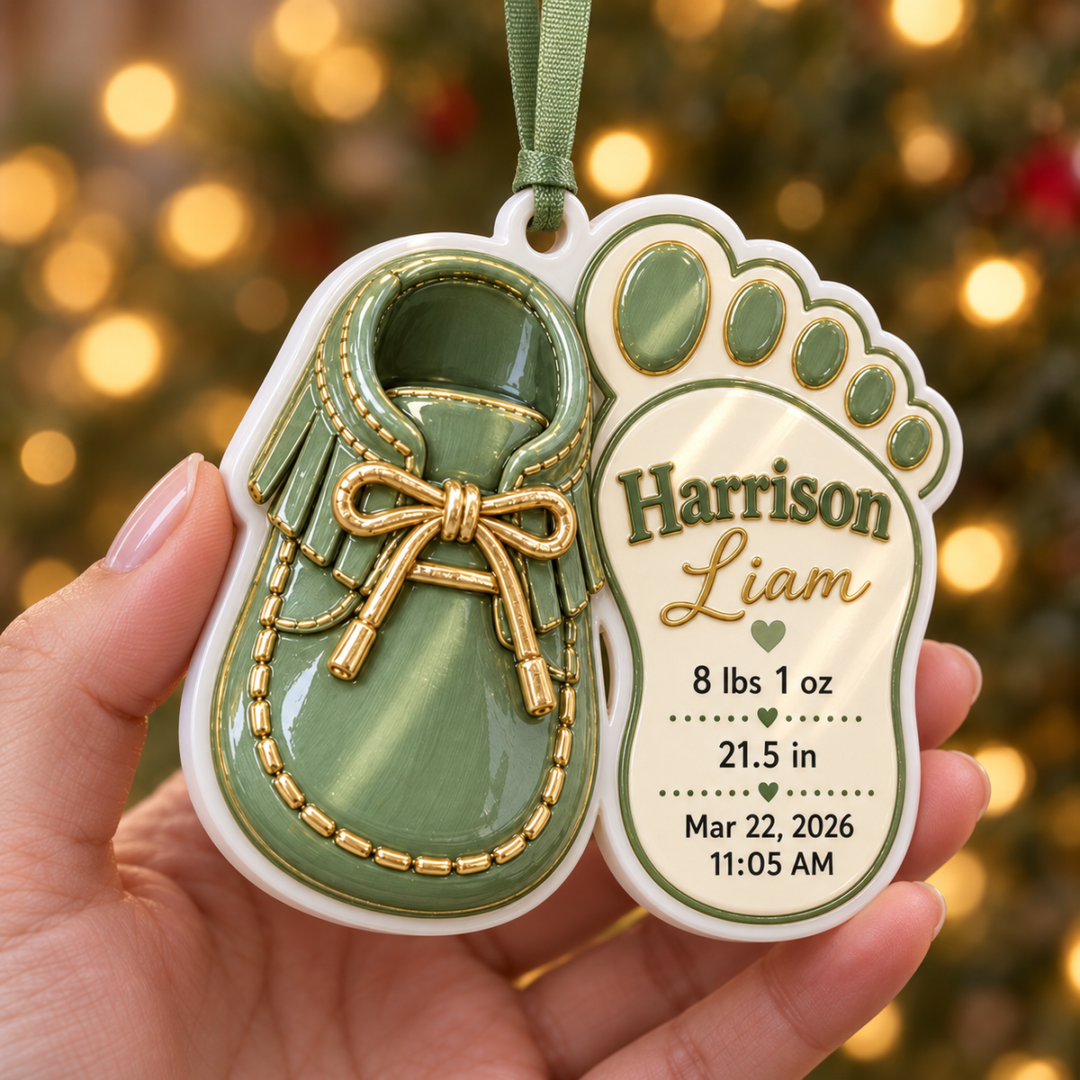 Baby Bootie Shoe and Footprint Birth Announcement Keepsake, Sage Green Holiday Decor - 3D Relief Ornament
