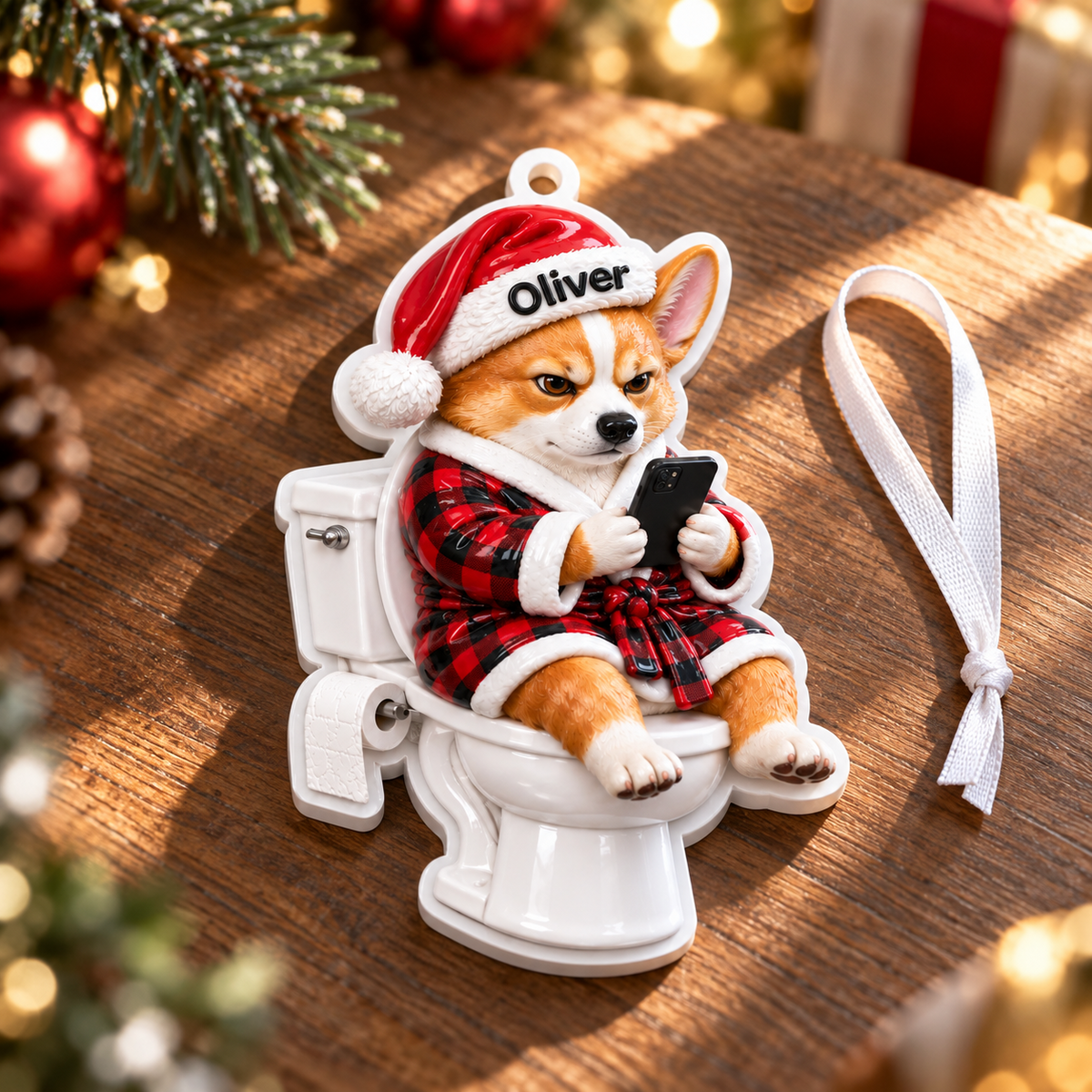 Corgi Dog on Toilet in Plaid Robe Christmas Holiday Tree Hanging Decor - 3D Relief Ornament