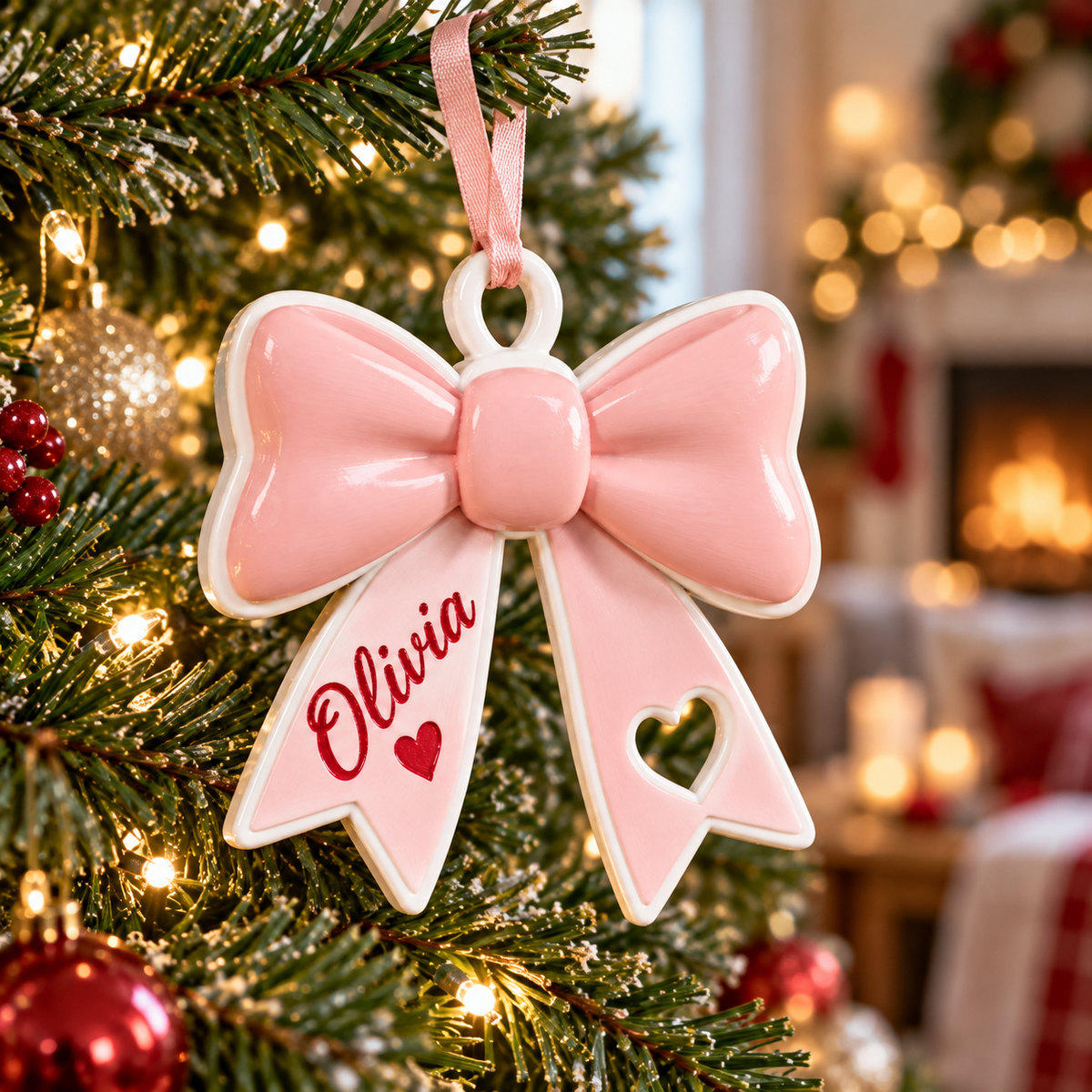 Coquette Pink Ribbon Bow Holiday Tree Keepsake with Heart Cutout - 3D Relief Ornament