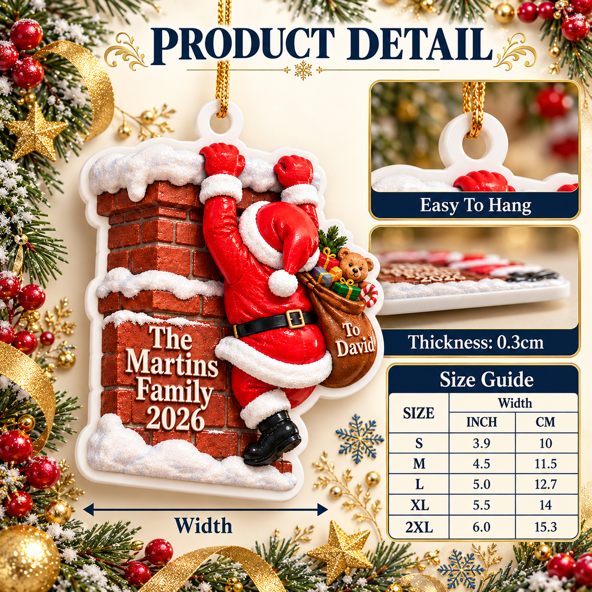 Santa Climbing Brick Chimney Christmas Tree Hanging Keepsake - 3D Relief Ornament