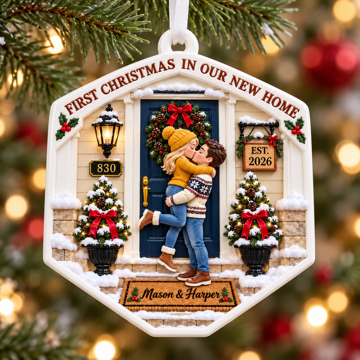 First Christmas in Our New Home Front Porch Couple Plaque - 3D Relief Ornament