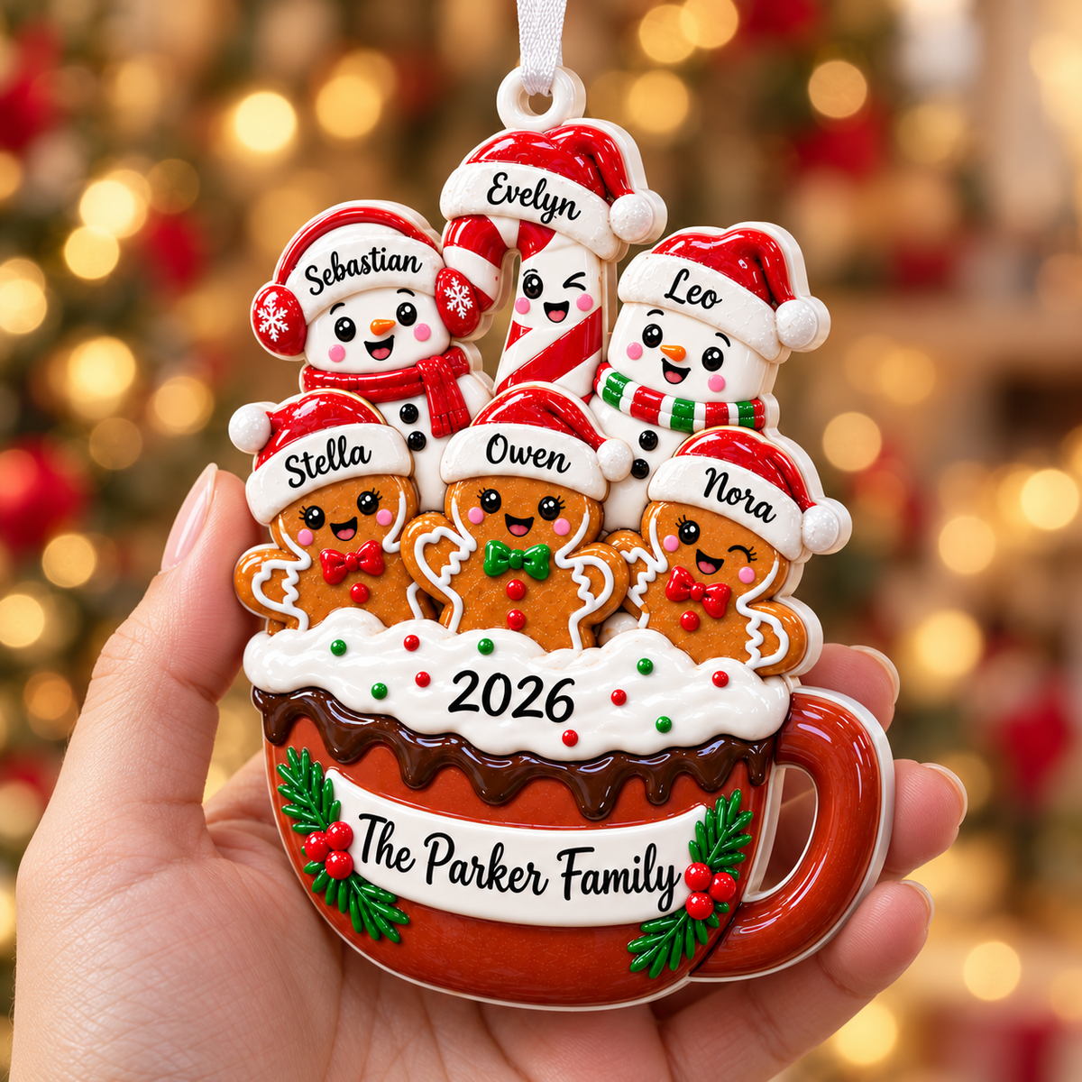 Hot Cocoa Mug Snowman and Gingerbread Family Holiday Tree Hanging Decor - 3D Relief Ornament