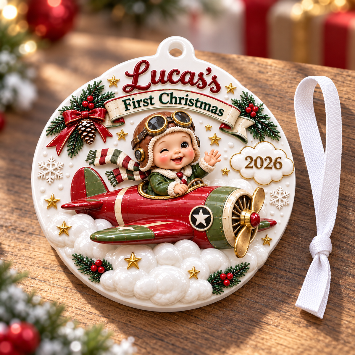 Baby First Christmas Aviator Pilot Red Airplane Holiday Tree Medallion - 3D Relief Ornament