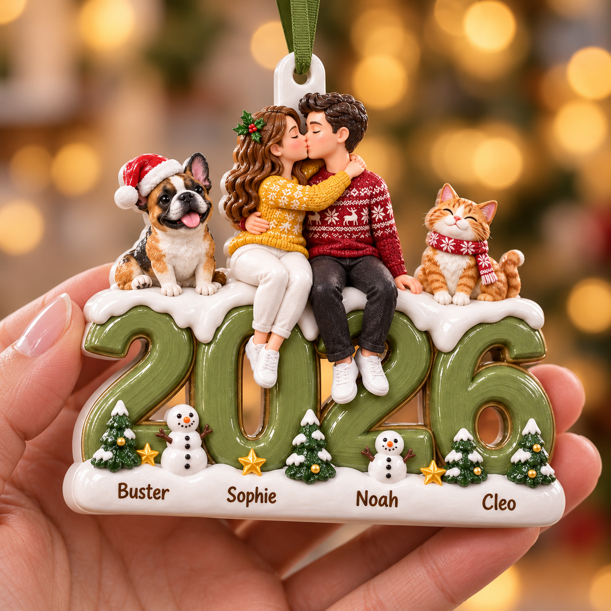 Couple with Dog and Cat on 2026 Date Resin Holiday Tree Decor - 3D Relief Ornament