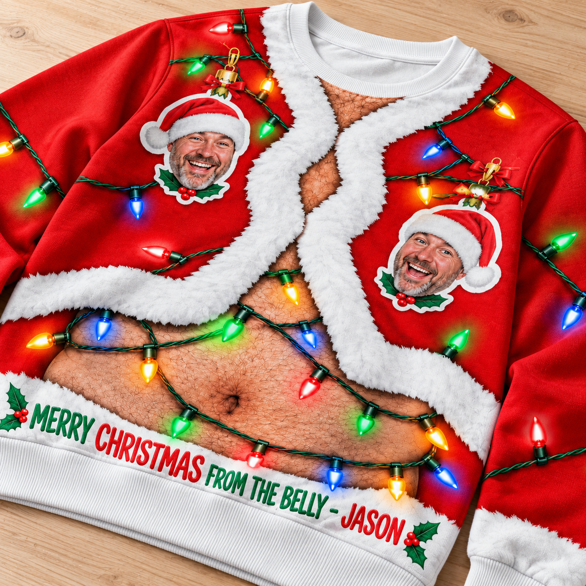 Ugly Christmas Sweatshirt Funny Hairy Belly String Lights Pullover