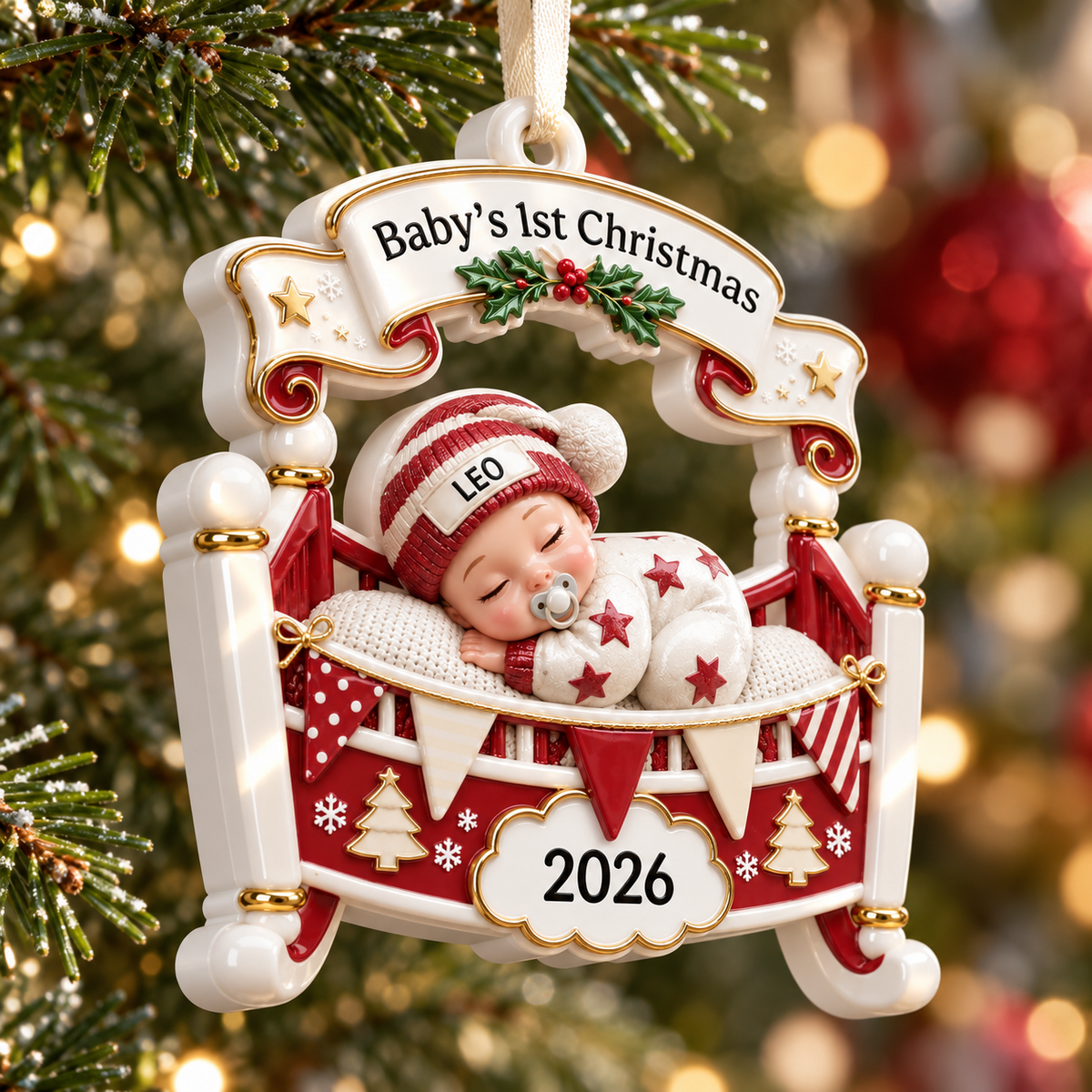 Baby's First Christmas Cradle Hanging Keepsake, Red and White Rocking Bassinet - 3D Relief Ornament