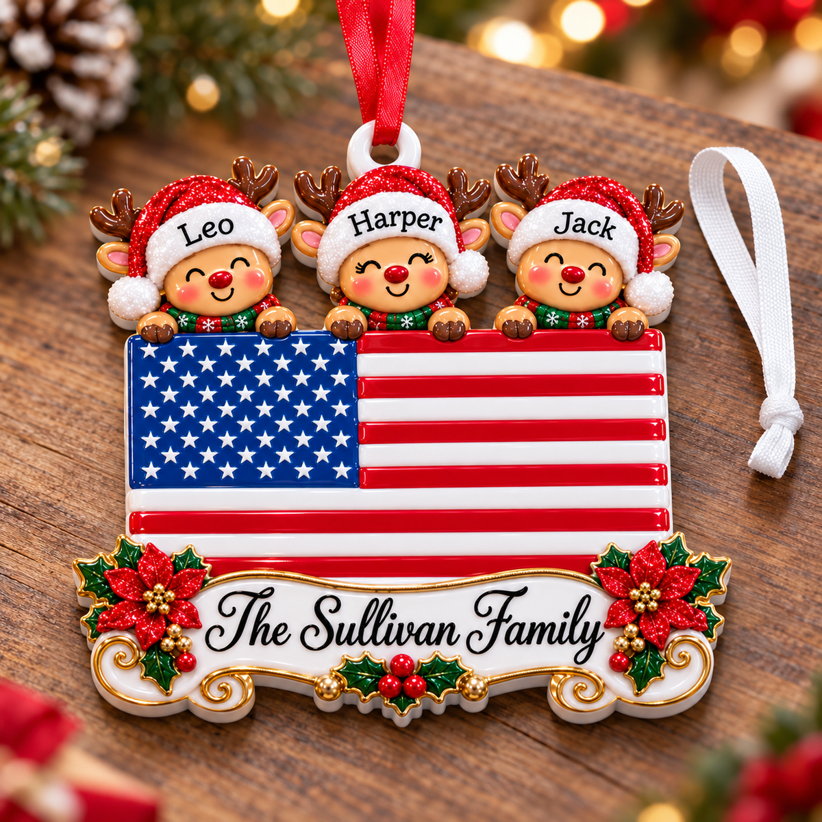 American Flag Family of 3 Reindeer Holiday Tree Hanging Decor - 3D Relief Ornament