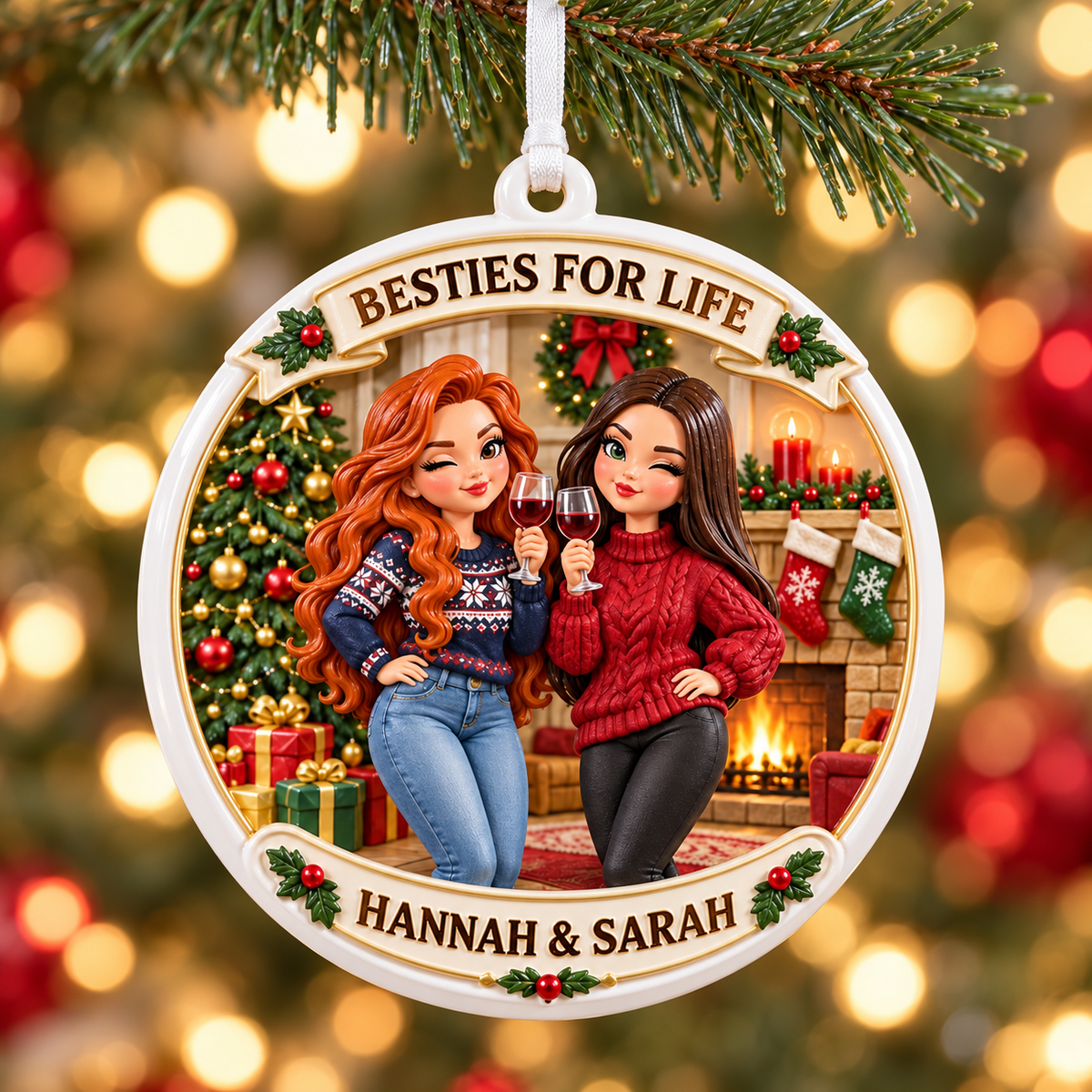 Best Friends Wine By Fireplace Christmas Holiday Medallion - 3D Relief Ornament