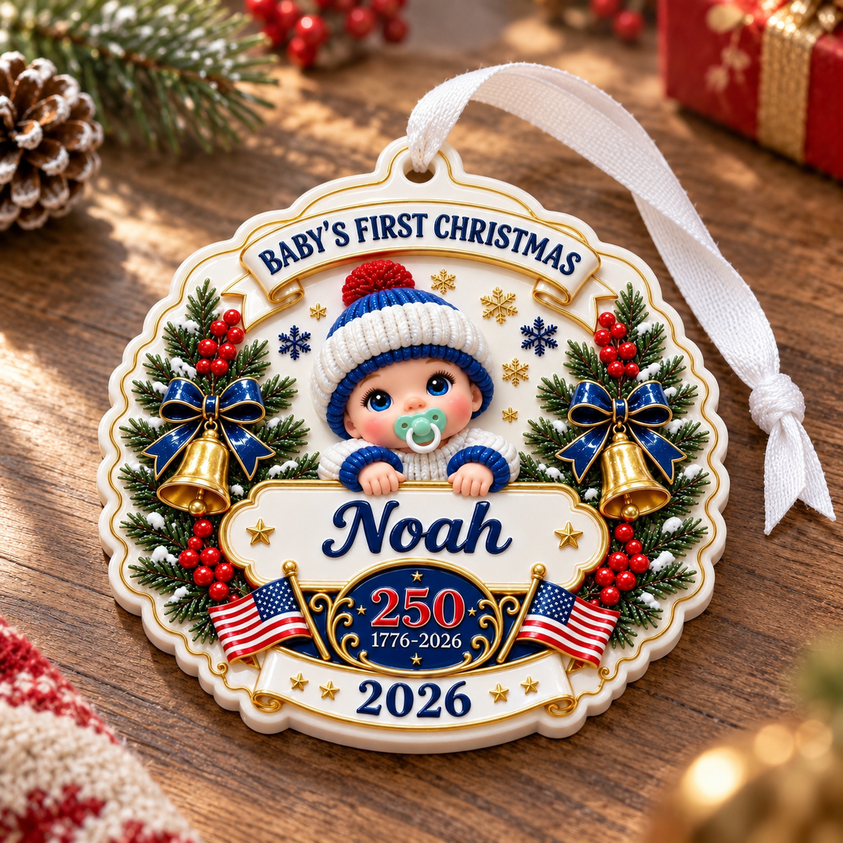 Baby's First Christmas 2026 Patriotic America 250 Hanging Plaque - 3D Relief Ornament