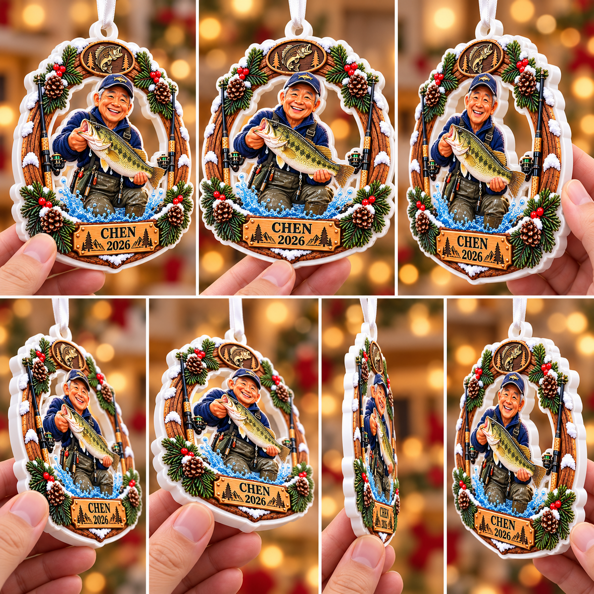 Bass Fisherman Catch Wreath Acrylic Holiday Keepsake - 3D Relief Ornament