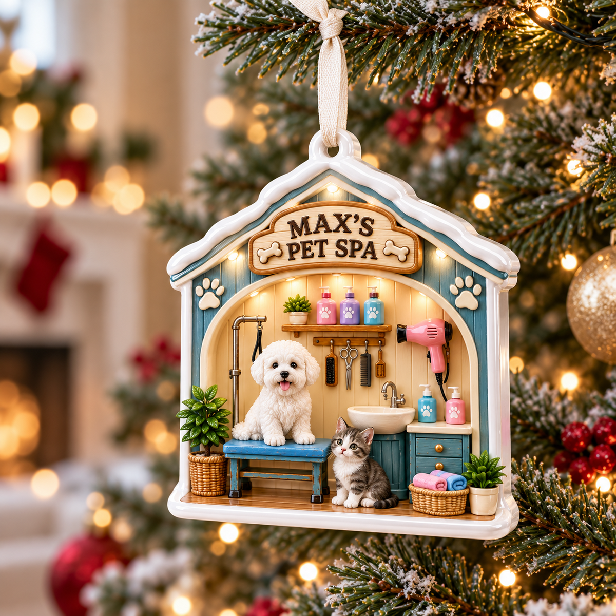 Pet Grooming Salon Scene Hanging Dog and Cat Spa Decor - 3D Relief Ornament