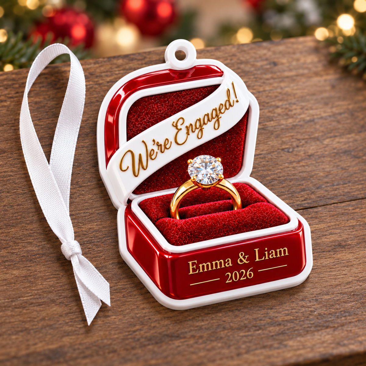 We're Engaged Red Velvet Ring Box Christmas Tree Keepsake - 3D Relief Ornament