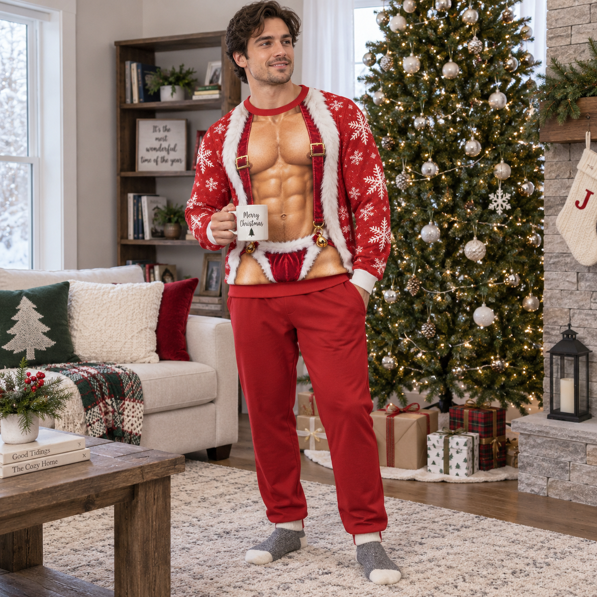 Funny Ugly Christmas Sweatshirt Faux Body Bikini Muscle Print Crewneck