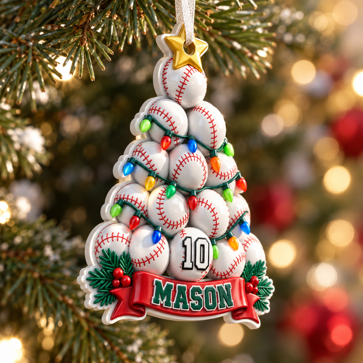Baseball Christmas Tree Holiday Decor with Star Topper and Festive Lights - 3D Relief Ornament