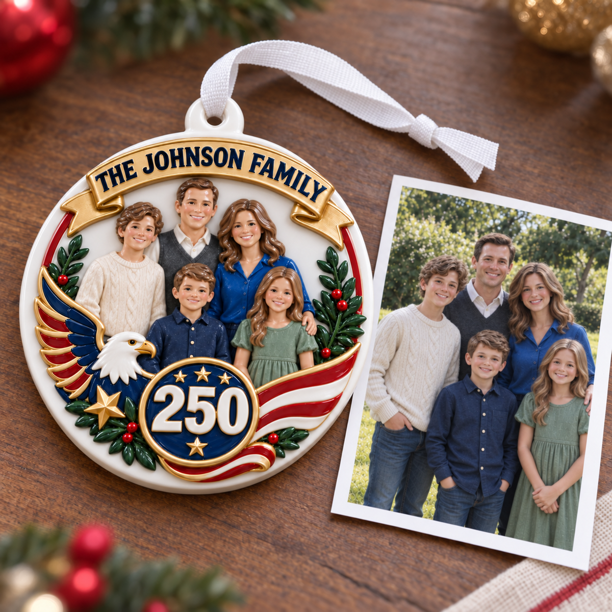Christmas Tree Hanging Medallion Patriotic American 250 Family Portrait - 3D Relief Ornament