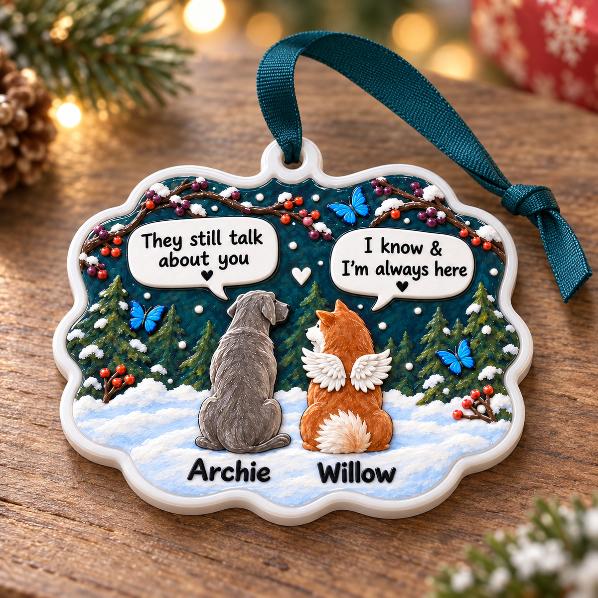Dog Memorial Hanging Plaque with Angel Wings and Winter Forest - 3D Relief Ornament