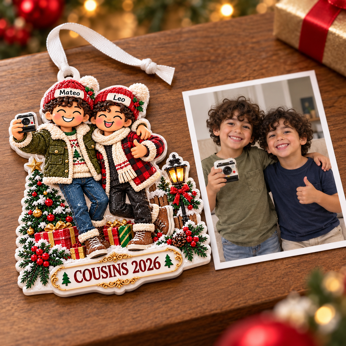Two Boys Taking Selfie Christmas Tree Plaque Holiday Keepsake - 3D Relief Ornament