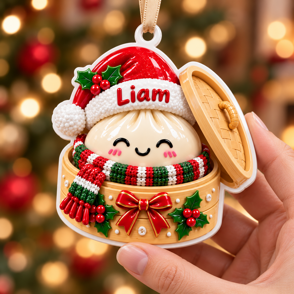 Steamed Dumpling in Bamboo Basket Christmas Tree Hanging Accent - 3D Relief Ornament