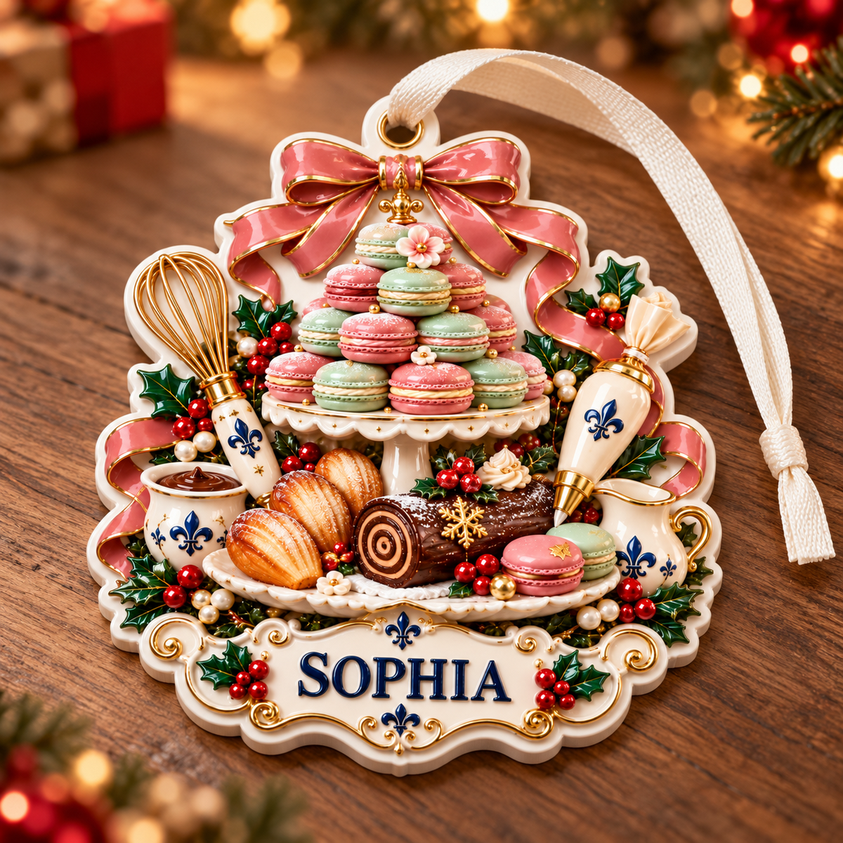 French Bakery Macaron Tower and Pastry Holiday Keepsake - 3D Relief Ornament