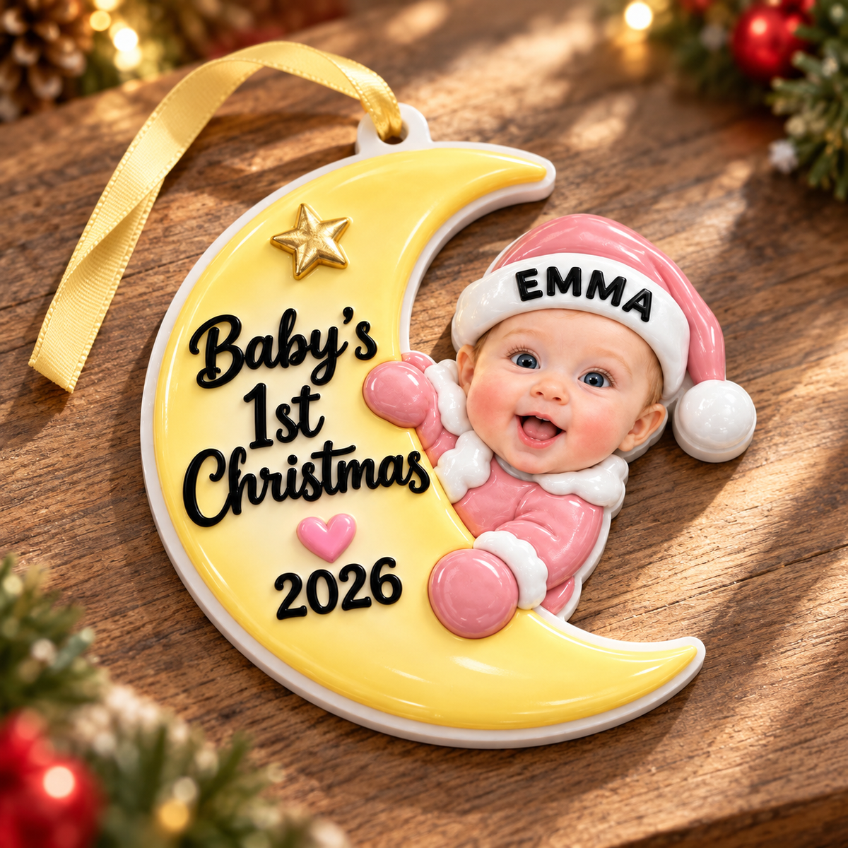 Baby First Christmas Crescent Moon Hanging Keepsake, Pink Holiday Tree Pendant - 3D Relief Ornament