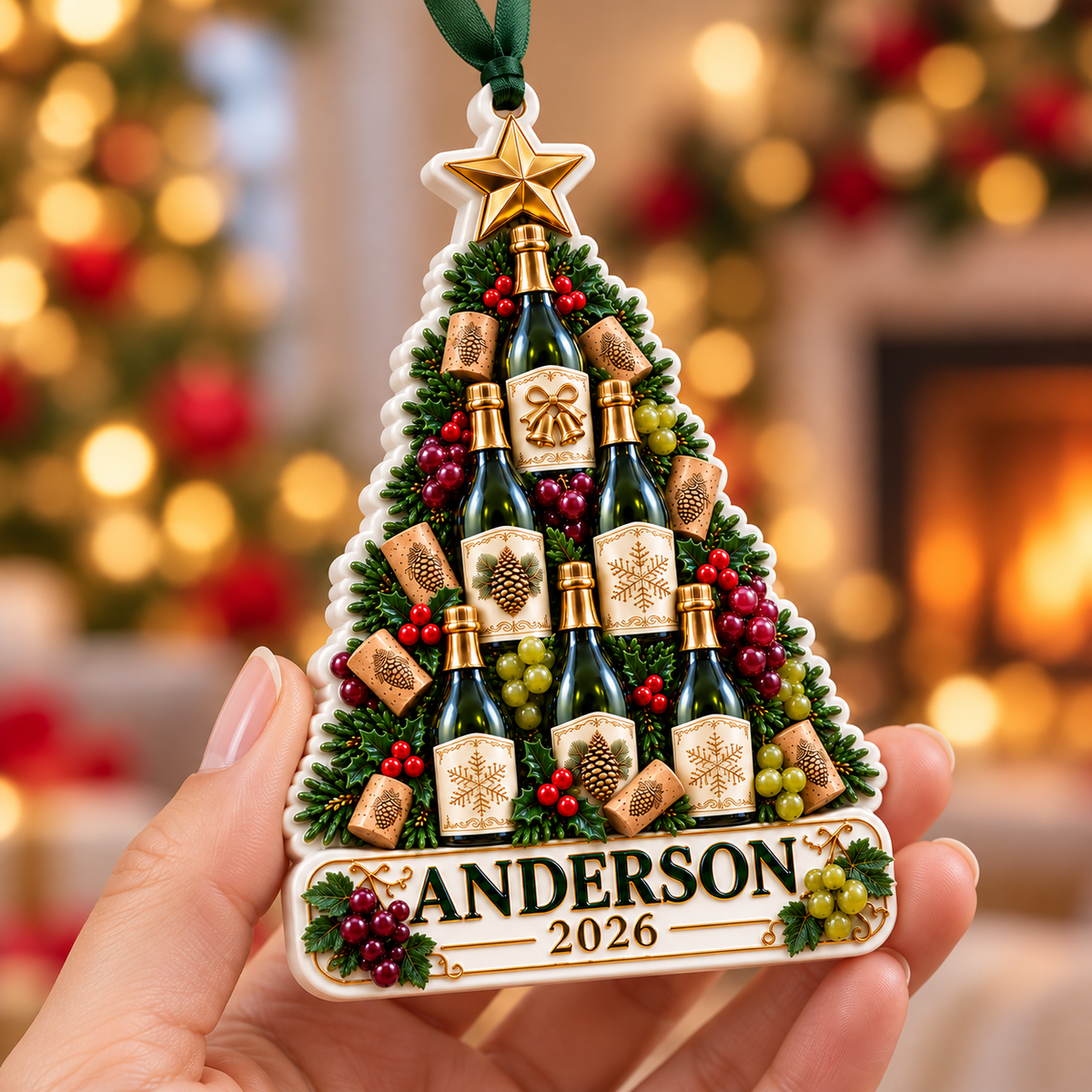 Champagne Wine Bottle Christmas Tree Plaque - 3D Relief Ornament