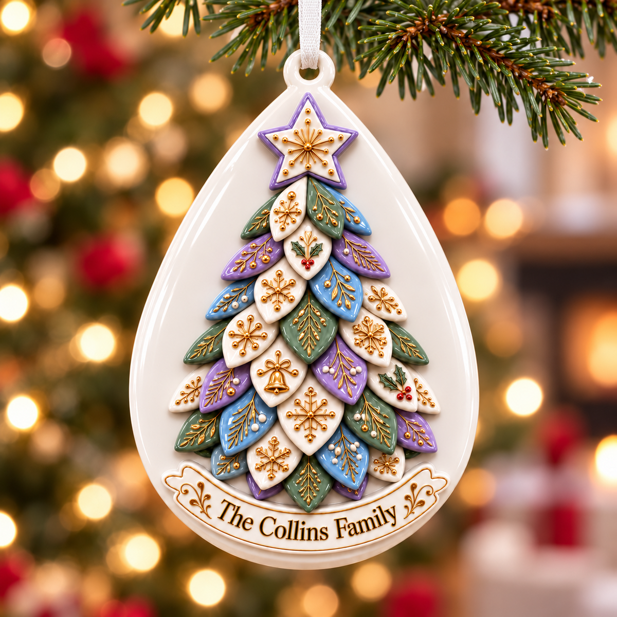 Acrylic Teardrop Christmas Tree Plaque with Gold Leaf Details - 3D Relief Ornament