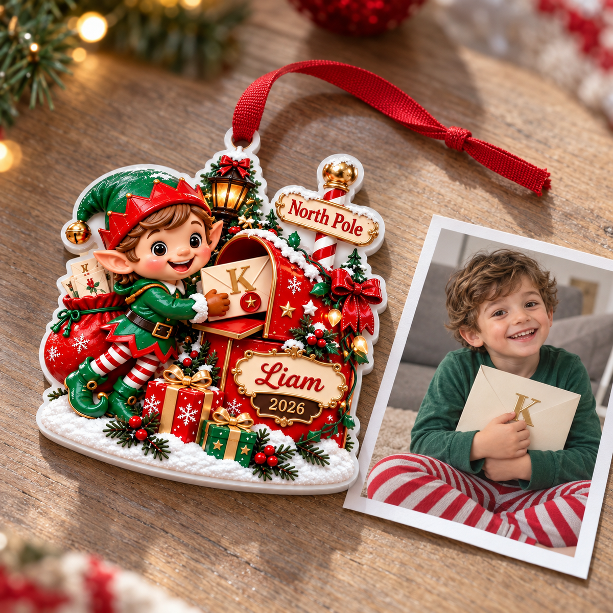 Christmas Elf at North Pole Mailbox Acrylic Holiday Keepsake - 3D Relief Ornament