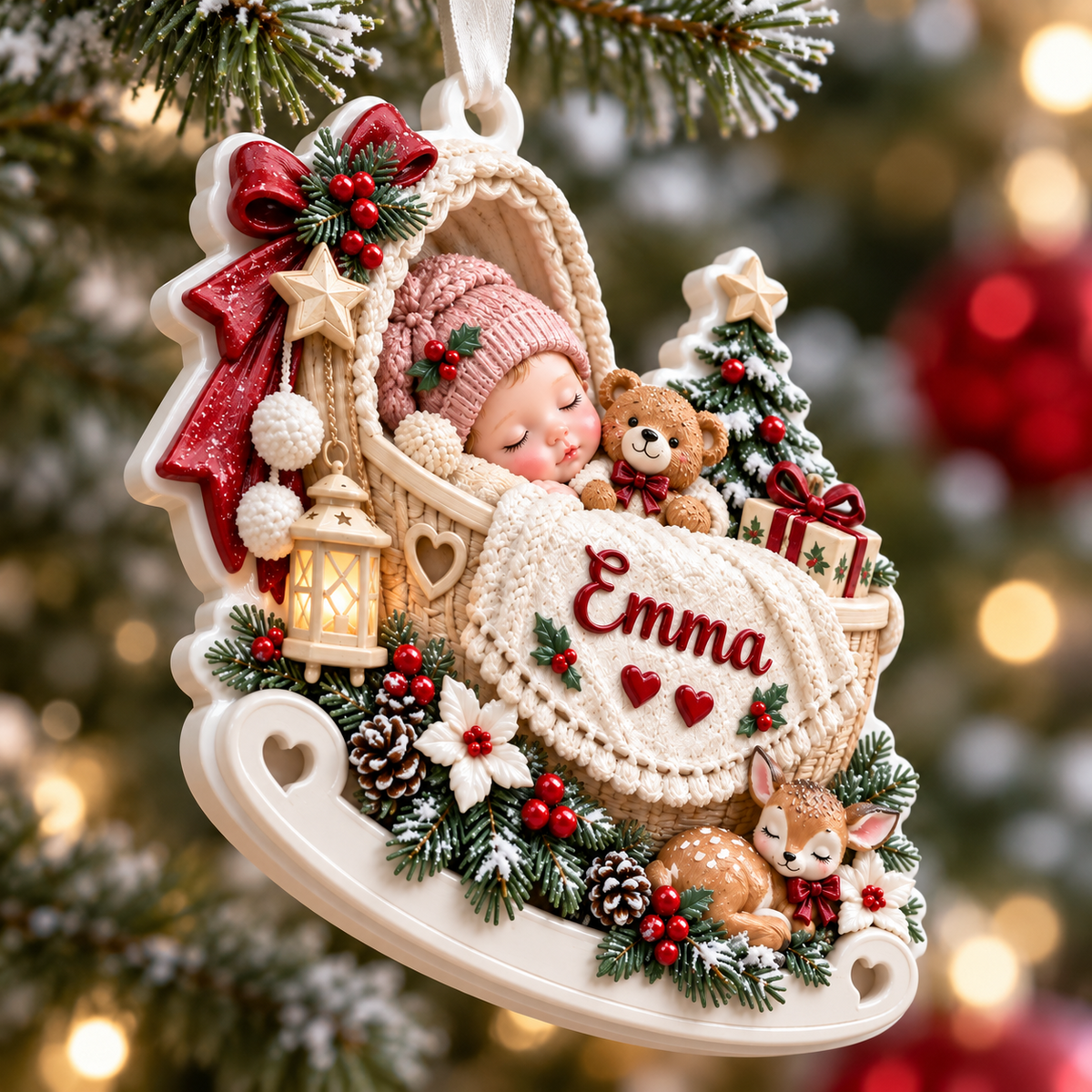 Sleeping Baby in Rocking Cradle with Woodland Fawn and Pine Accents - 3D Relief Ornament