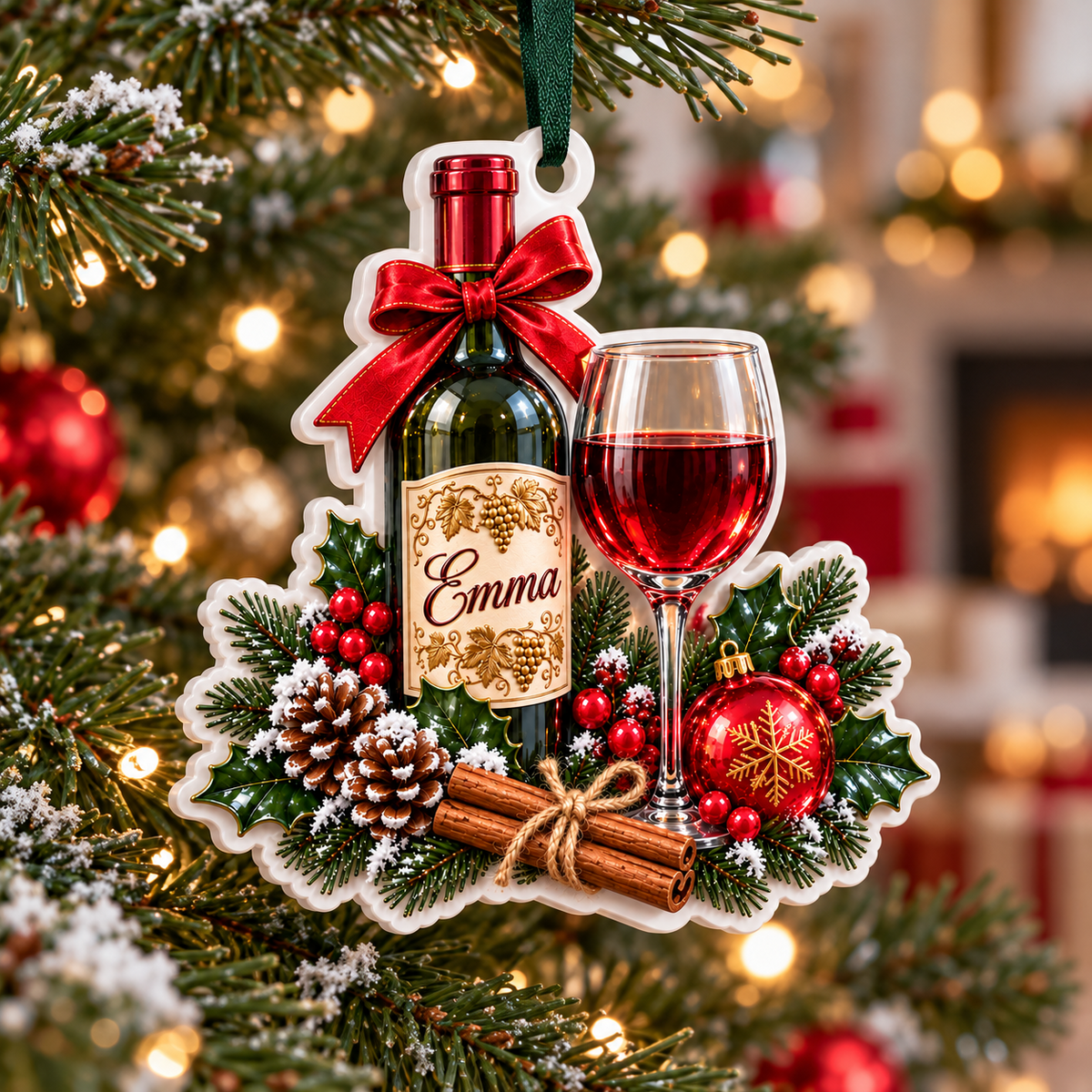 Red Wine Bottle and Glass Christmas Tree Holiday Decoration - 3D Relief Ornament