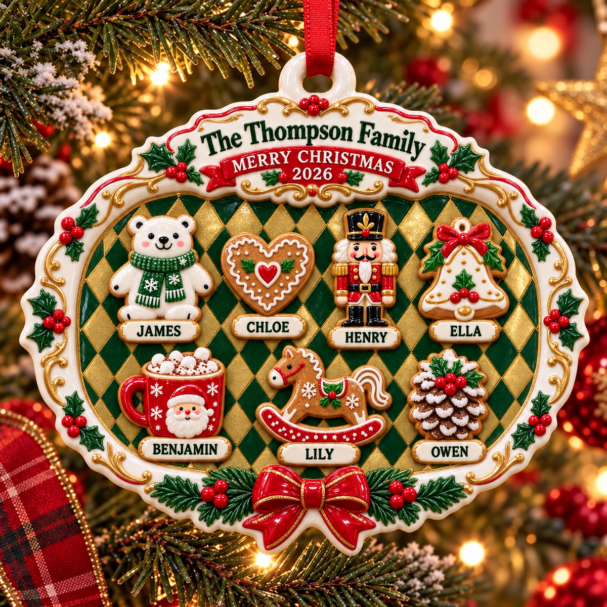 Family Christmas Plaque with Holiday Gingerbread Characters - 3D Relief Ornament