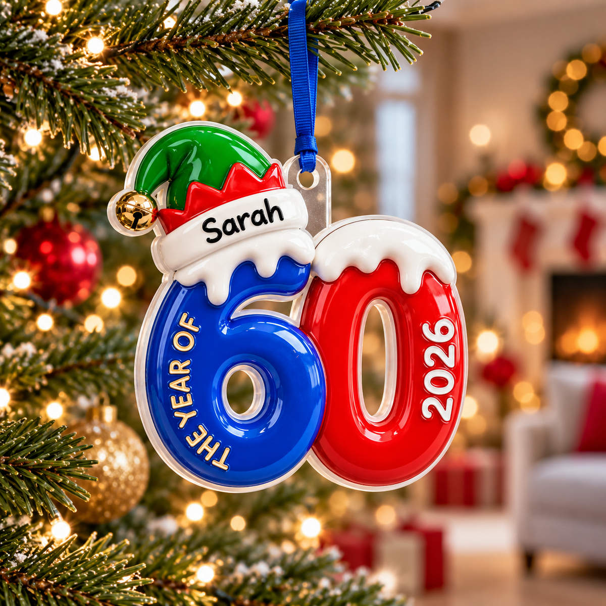 Milestone Birthday Number 60 Elf Hat Acrylic Hanging Keepsake - 3D Relief Ornament