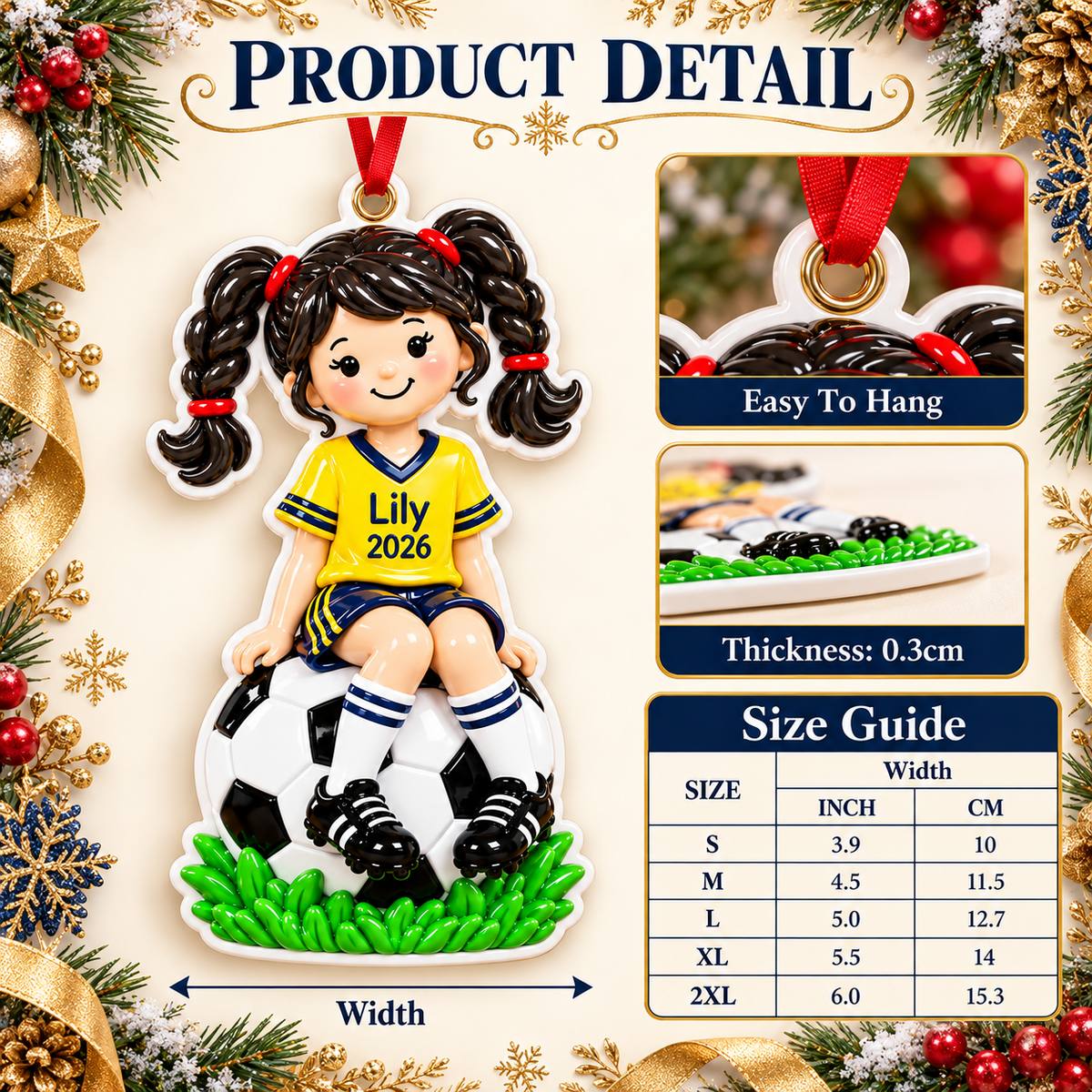 Soccer Player Girl in Yellow Jersey Sitting on Ball Hanging Holiday Keepsake - 3D Relief Ornament