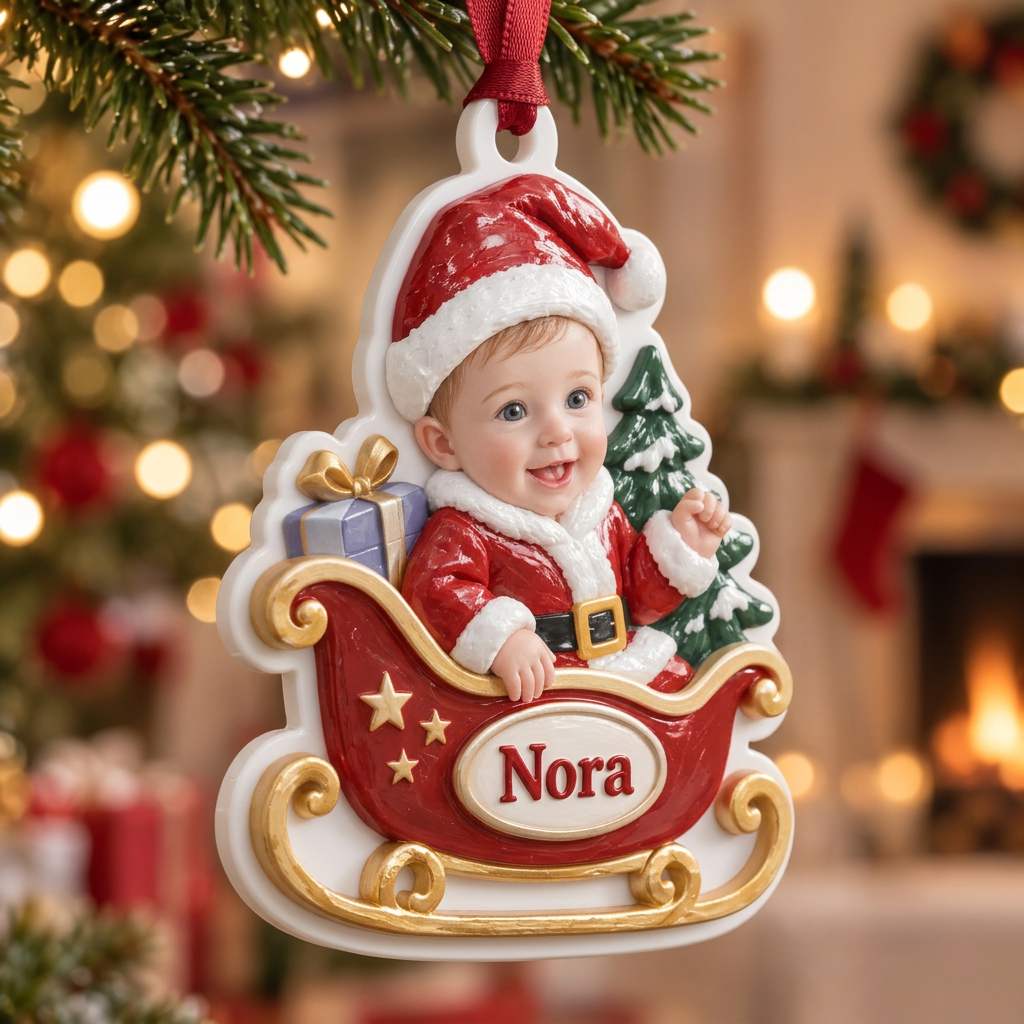 Baby Santa Sleigh Holiday Tree Hanging Keepsake in Red and Gold - 3D Relief Ornament