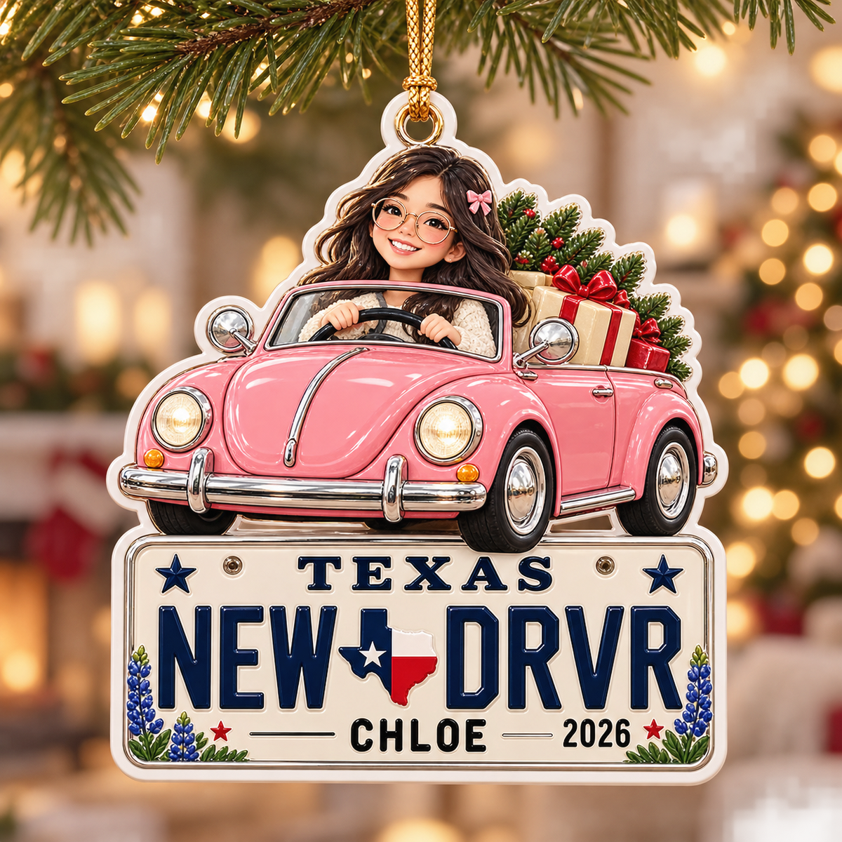 Pink Vintage Car Texas License Plate Holiday Keepsake - 3D Relief Ornament