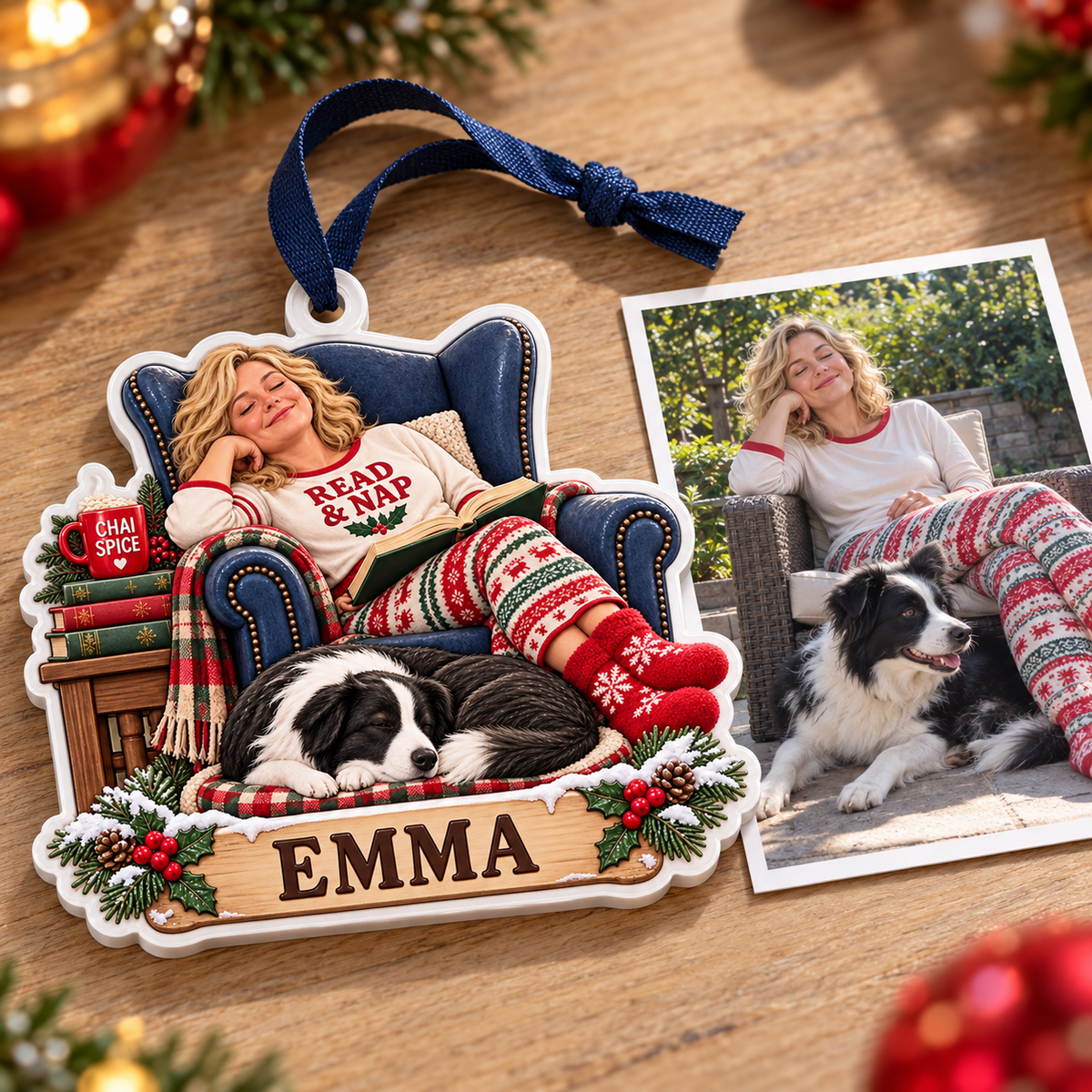 Cozy Woman Reading in Armchair with Sleeping Dog Acrylic Hanging Holiday Plaque - 3D Relief Ornament