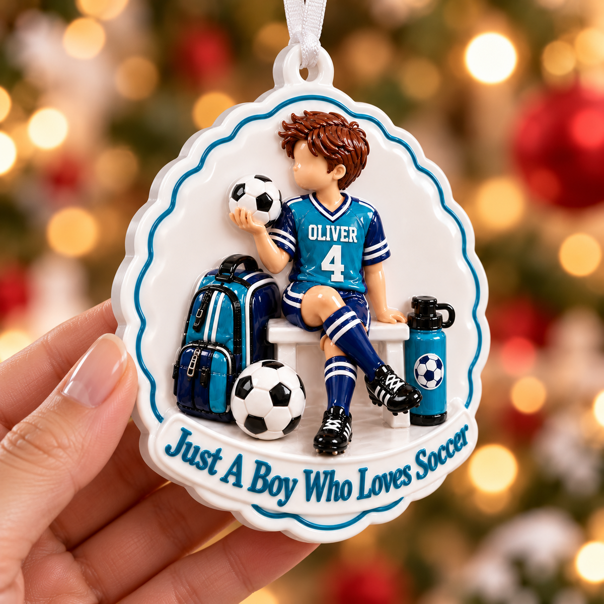 Soccer Boy Player Bench Holiday Keepsake with Scalloped Edge - 3D Relief Ornament