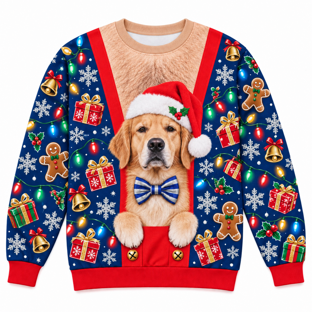 Golden Retriever Ugly Christmas Sweatshirt Faux Hairy Chest Pullover