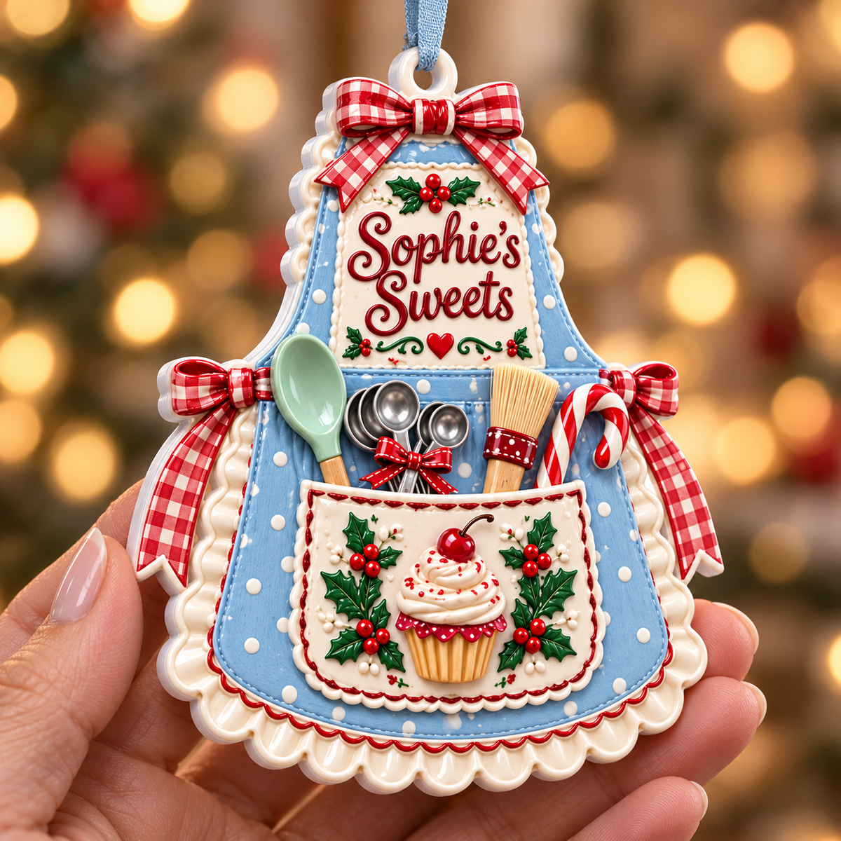 Baking Apron Holiday Tree Pendant with Cupcake and Utensils - 3D Relief Ornament