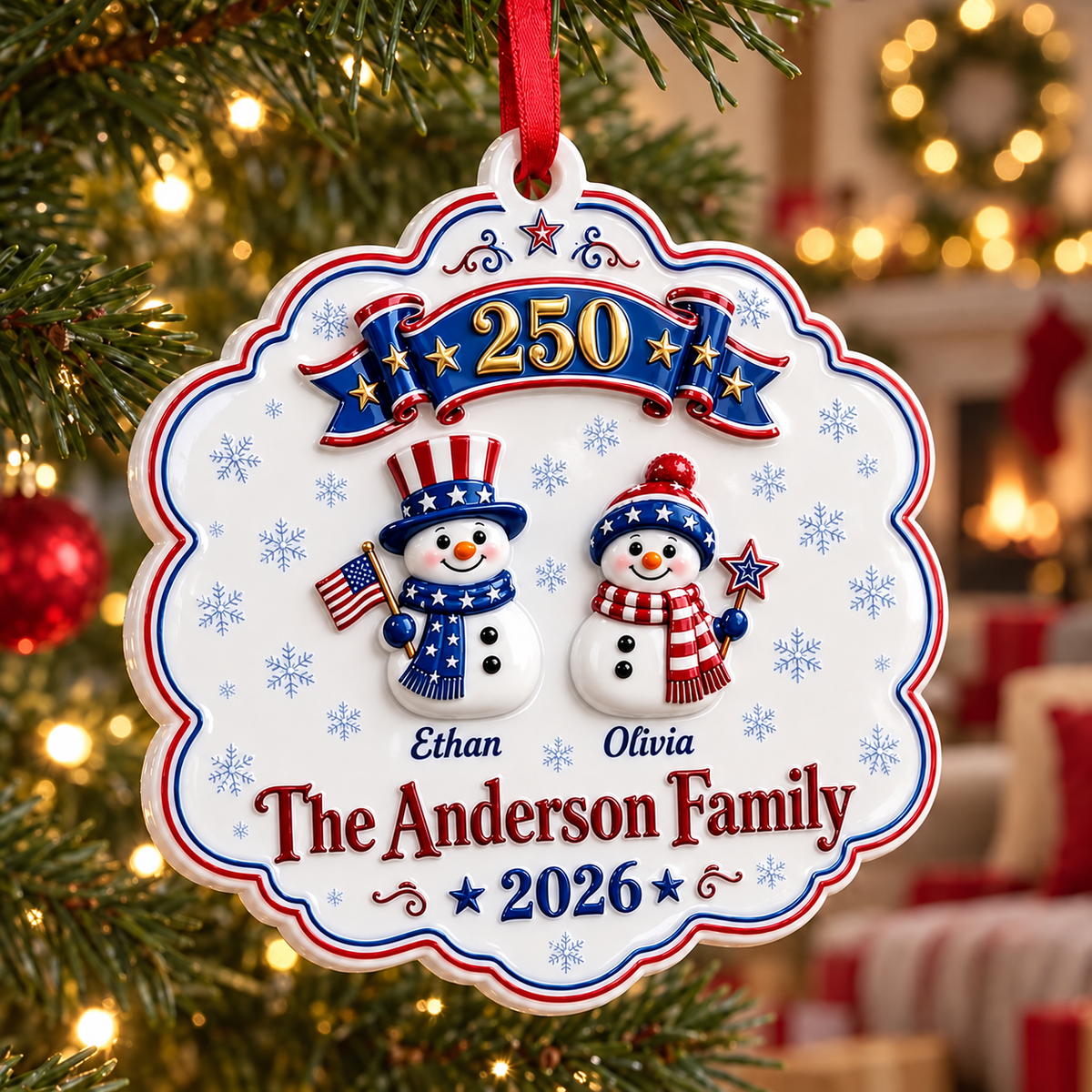 Patriotic Snowman Family of 5 America 250th Scalloped Christmas Hanging Keepsake - 3D Relief Ornament