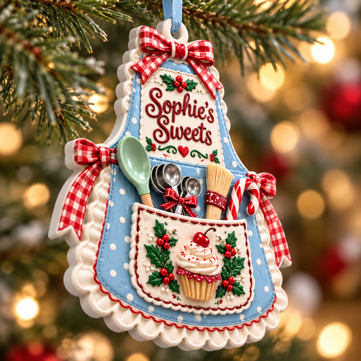 Baking Apron Holiday Tree Pendant with Cupcake and Utensils - 3D Relief Ornament