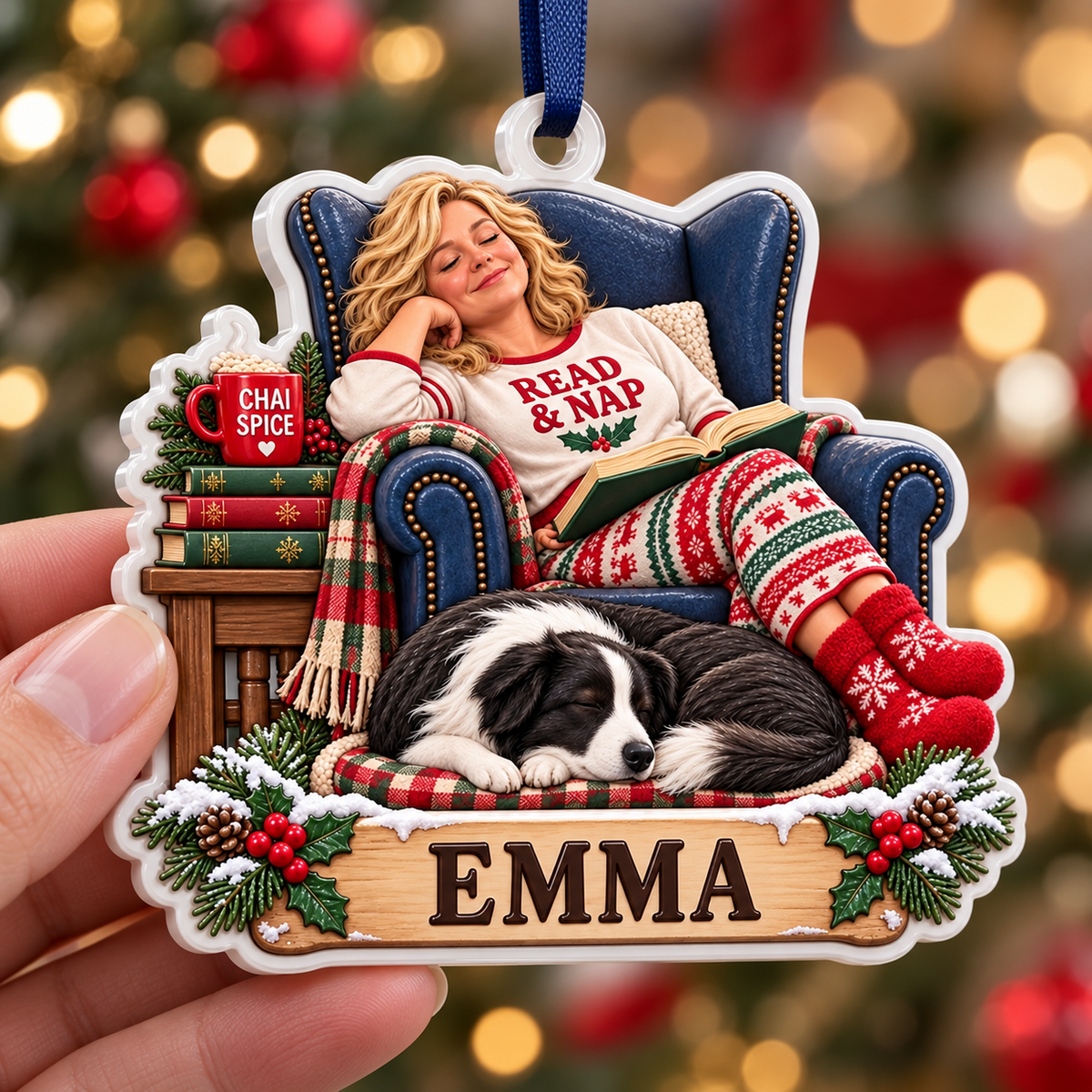 Cozy Woman Reading in Armchair with Sleeping Dog Acrylic Hanging Holiday Plaque - 3D Relief Ornament