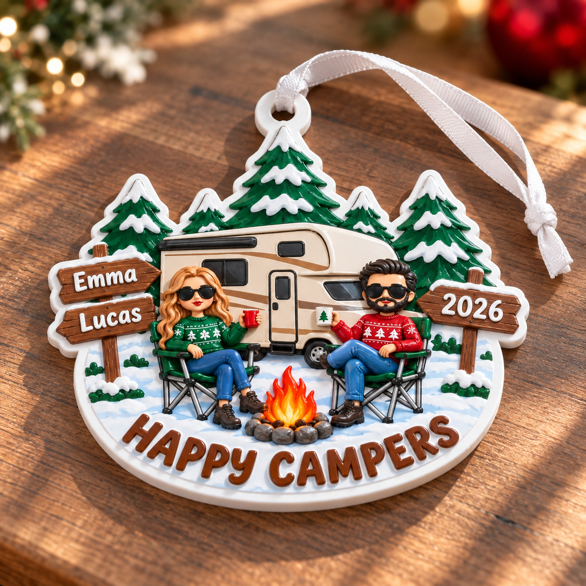 Holiday Tree Hanging RV Couple Campfire Winter Pine Forest Decor - 3D Relief Ornament