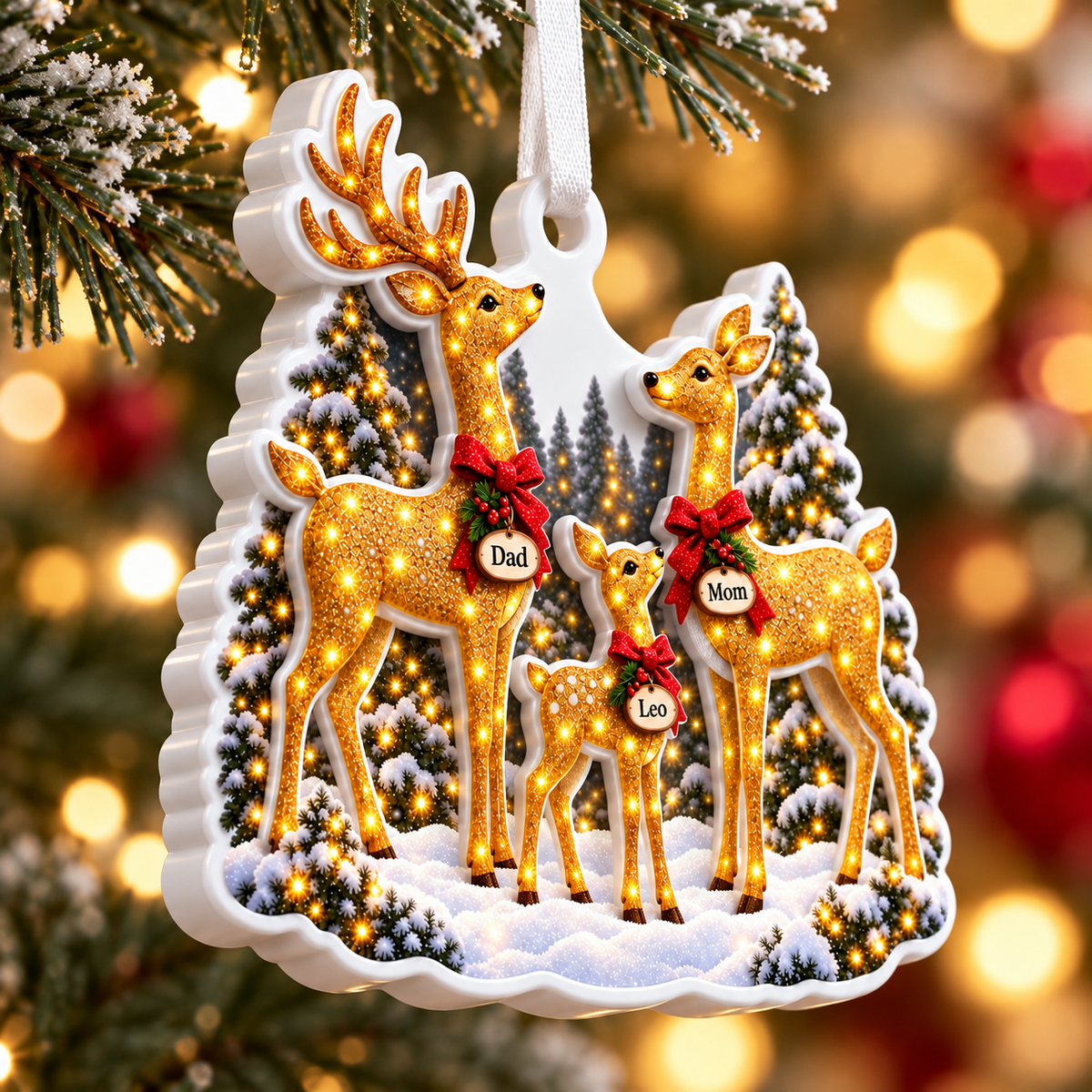 Family Deer in Snowy Pine Forest Acrylic Christmas Keepsake - 3D Relief Ornament