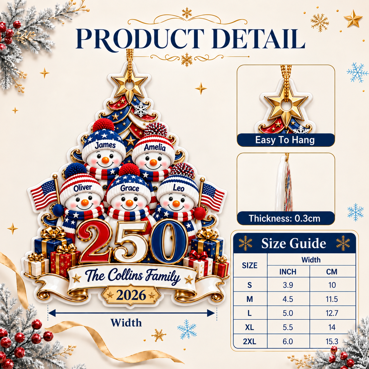 Patriotic USA 250 Snowman Family Christmas Tree Holiday Decor - 3D Relief Ornament