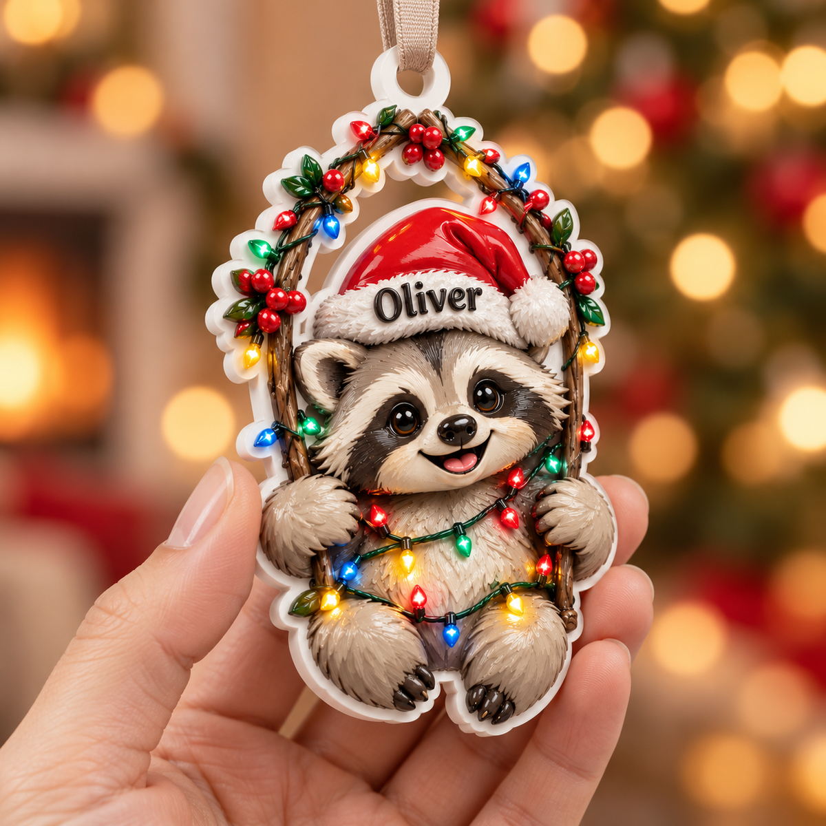 Baby Raccoon in Santa Hat with Christmas Lights Branch Wreath - 3D Relief Ornament