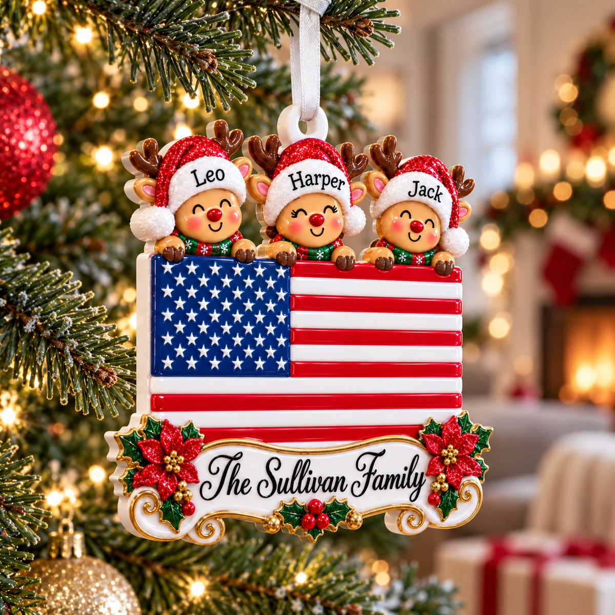 American Flag Family of 3 Reindeer Holiday Tree Hanging Decor - 3D Relief Ornament