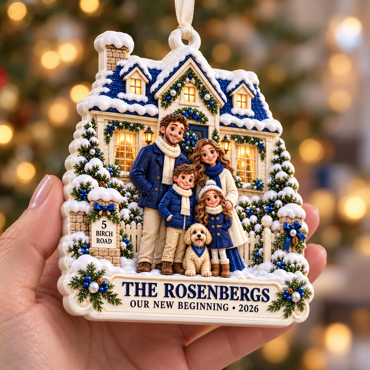 New Home Family with Dog and Snowy House Winter Keepsake - 3D Relief Ornament